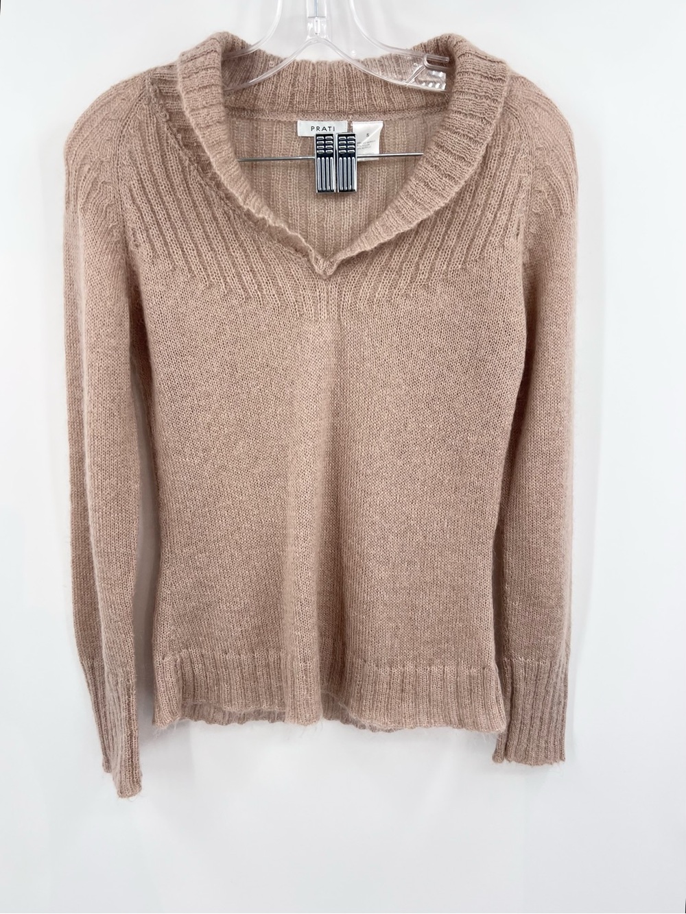 Prati Taupe Oatmeal V-Neck Ribbed Yoke Mohair Blend Sweater Small